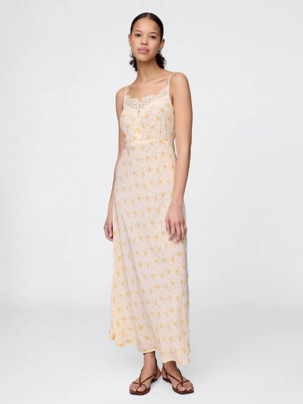 NEW GAP 2025 Crepe Lace-Trim Sweetheart Maxi Cami Slip Dress Peach Blossom MP